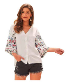V Neck Ladies White Color Summer Fashion Tops With Embroidery Sleeve And Uneven Hem
