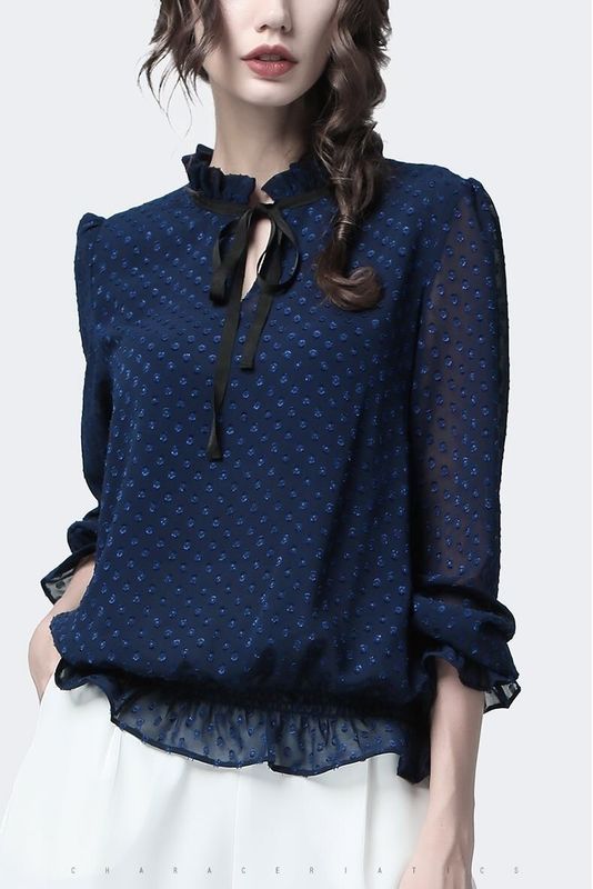 Polyester Fashion Ladies Blouse Chiffon Pullover Long Ruffle Sleeve For Autumn Season