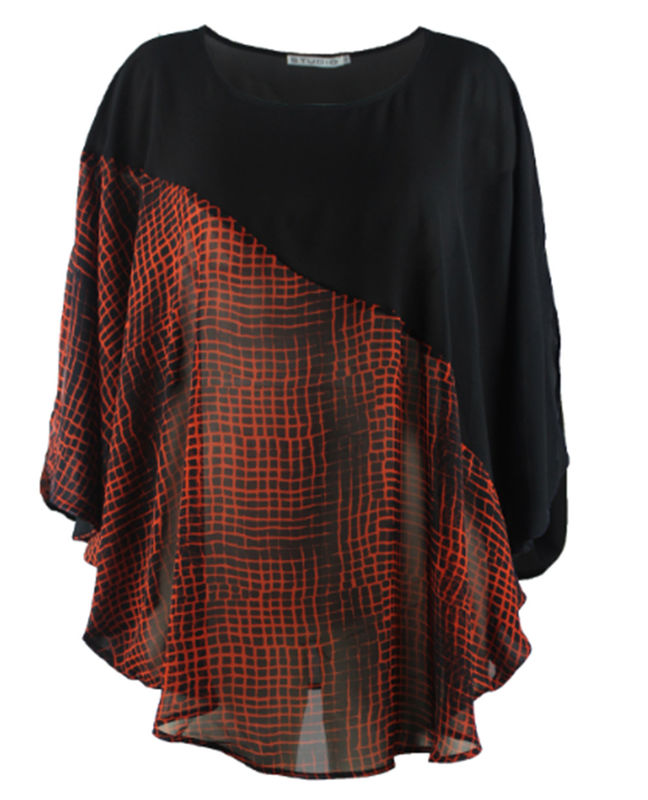 Abstract Printed Chiffon Fashion Ladies Blouse Round Neck Casual Plus Size Style